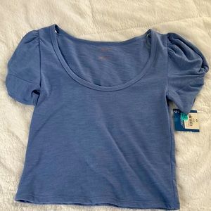 Arizona JeanCo blue top with ruffled short sleeves.